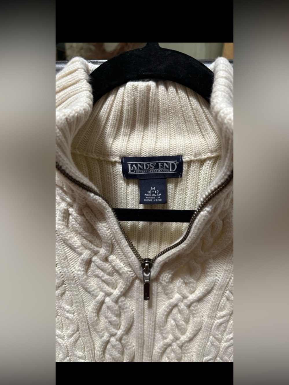 Vintage Lands End Fishermans Cable Ivory 1/4 Zip Pullover Sweater Med 10/12